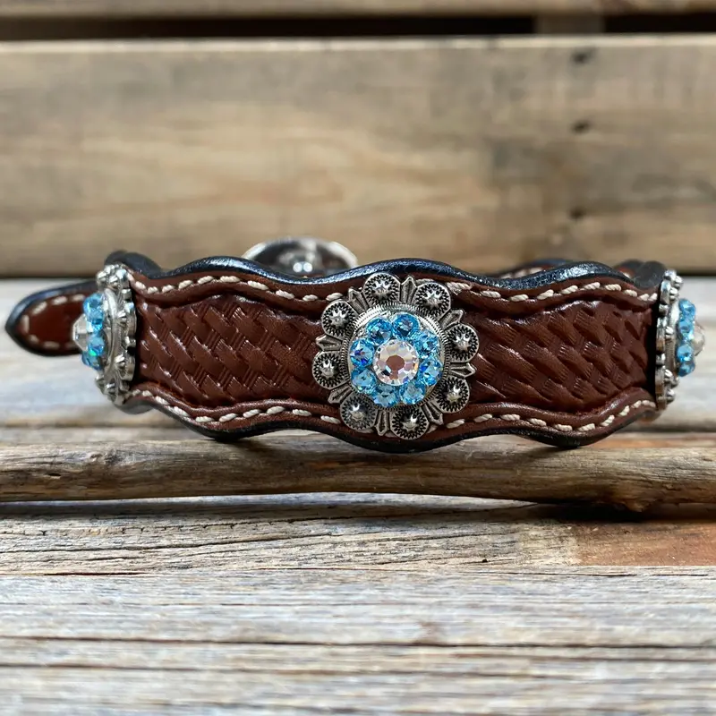 Genuine Leather Dog Collar With Antique Silver Aqua And Clear Conchos 10" To 22" -Dc39 3