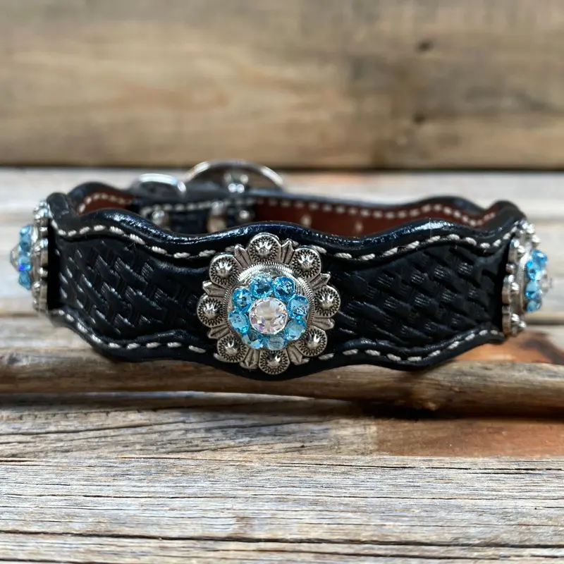 Genuine Leather Dog Collar With Antique Silver Aqua And Clear Conchos 10" To 22" -Dc39 4