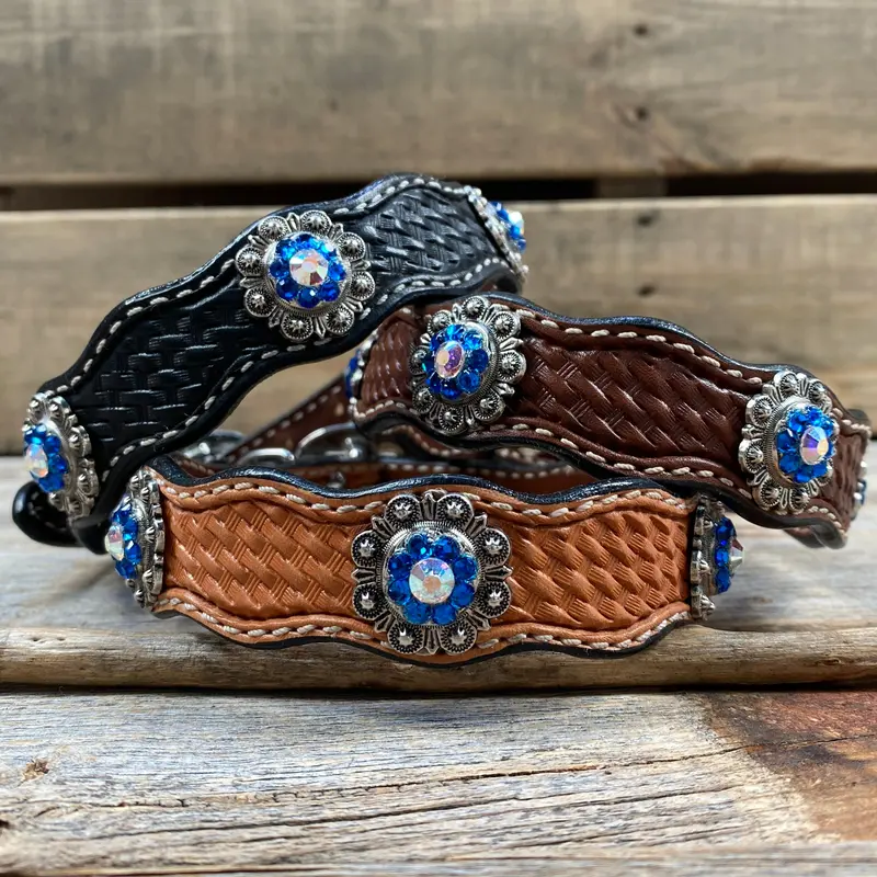 Genuine Leather Dog Collar With Antique Silver Capri And Ab Conchos 10" To 22" -Dc43 1