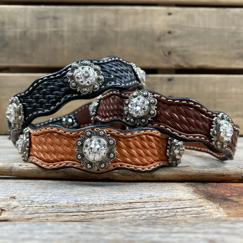 Genuine Leather Dog Collar With Antique Silver Clear Conchos 10" To 22" -Dc44 1