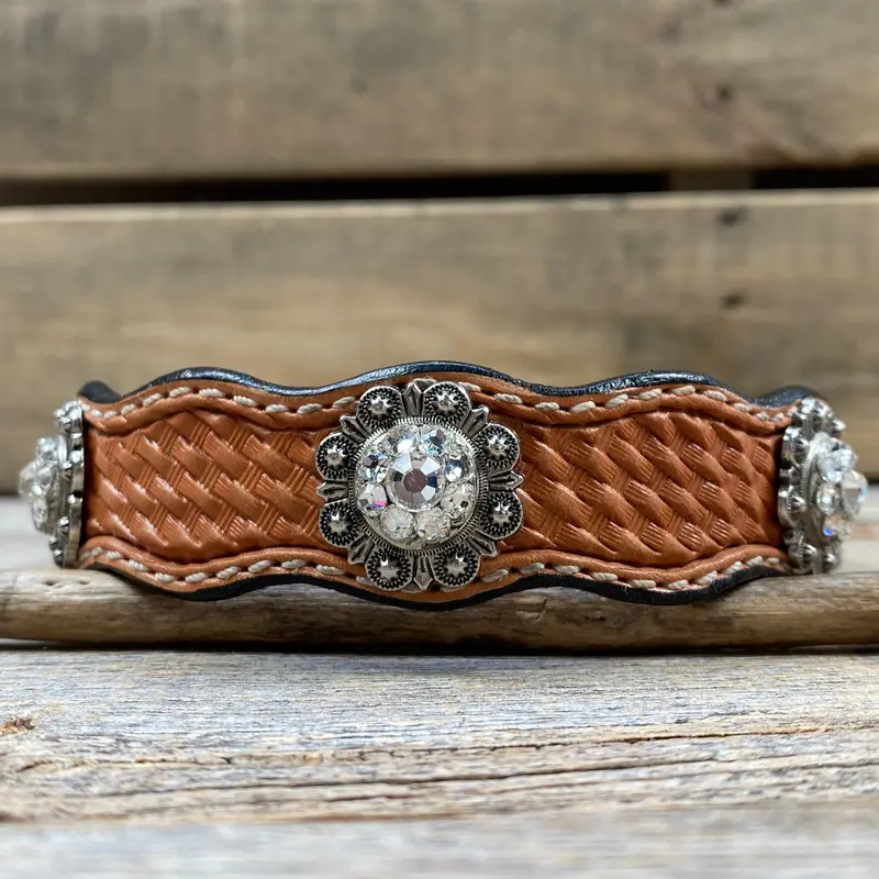 Genuine Leather Dog Collar With Antique Silver Clear Conchos 10" To 22" -Dc44 2