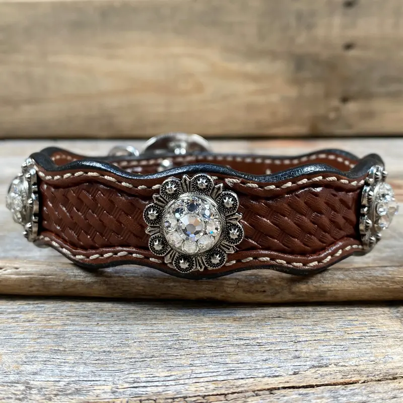 Genuine Leather Dog Collar With Antique Silver Clear Conchos 10" To 22" -Dc44 3