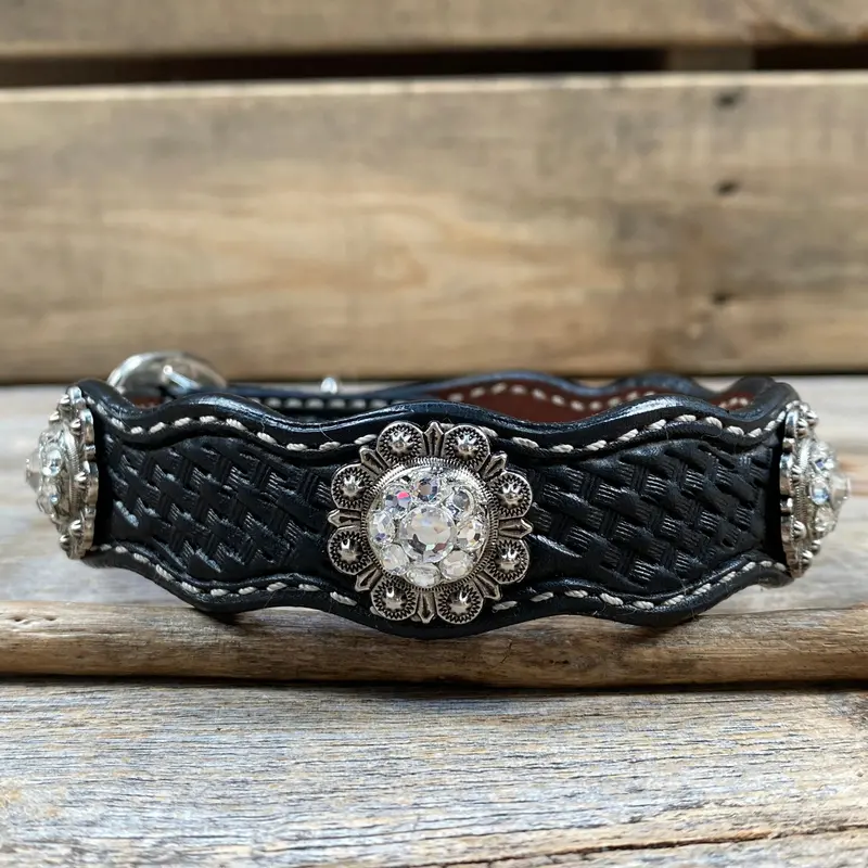 Genuine Leather Dog Collar With Antique Silver Clear Conchos 10" To 22" -Dc44 4