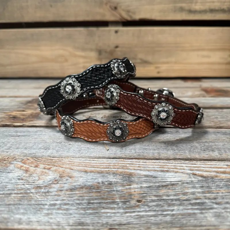 Genuine Leather Dog Collar With Antique Silver Jet And Clear Conchos 10" To 22" -Dc75 1