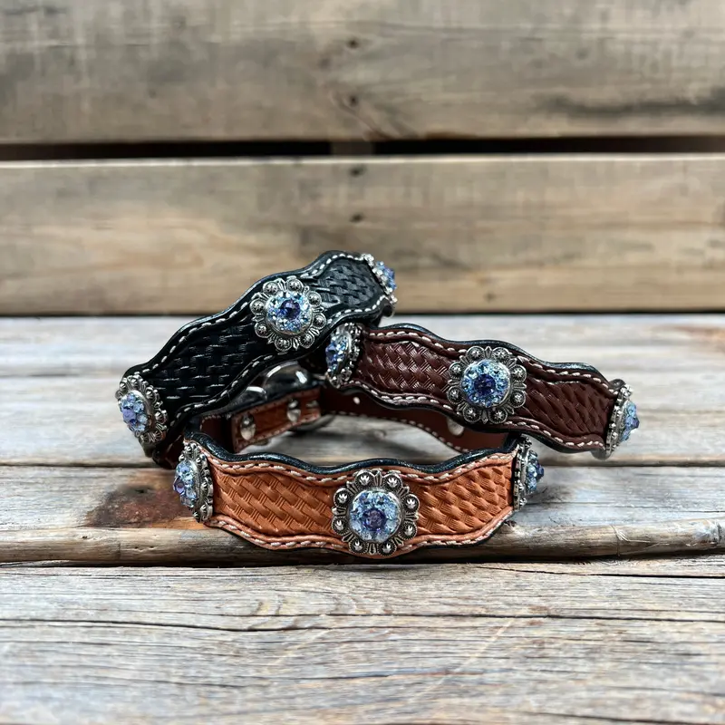 Genuine Leather Dog Collar With Antique Silver Lilac And Light Sapphire Conchos 10" To 22" -Dc50 1