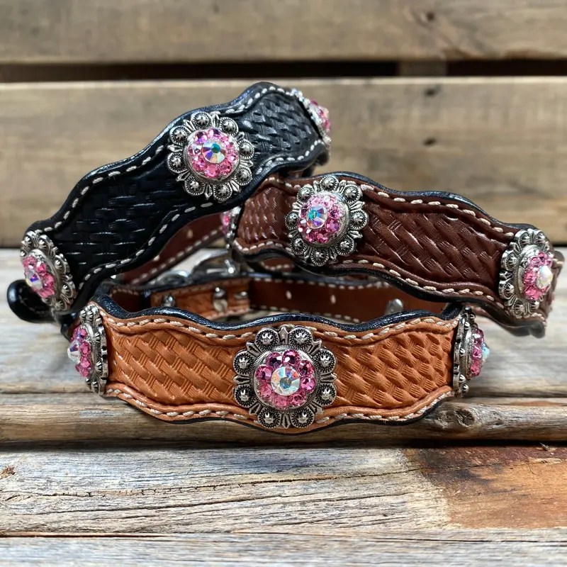 Genuine Leather Dog Collar With Antique Silver Pink And Ab Conchos 10" To 22" -Dc40 1