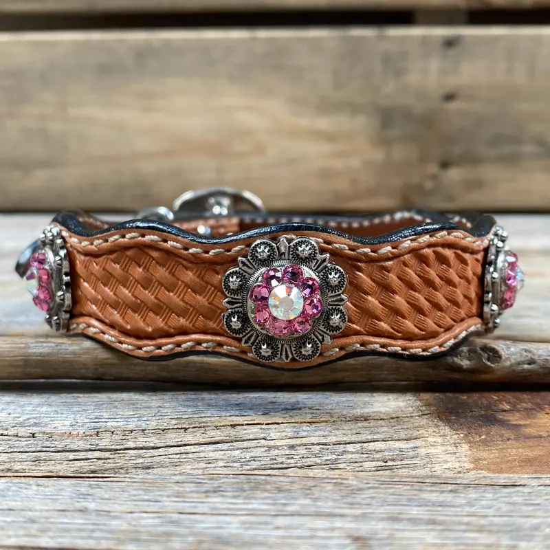 Genuine Leather Dog Collar With Antique Silver Pink And Ab Conchos 10" To 22" -Dc40 2