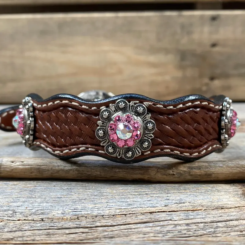 Genuine Leather Dog Collar With Antique Silver Pink And Ab Conchos 10" To 22" -Dc40 3