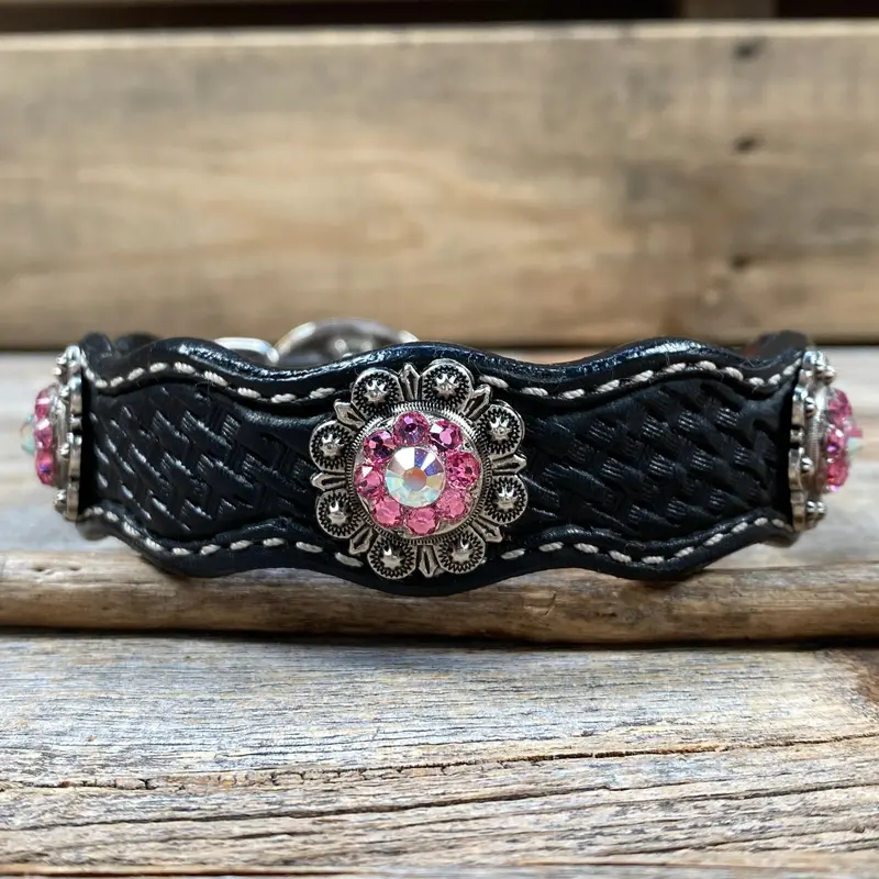 Genuine Leather Dog Collar With Antique Silver Pink And Ab Conchos 10" To 22" -Dc40 4