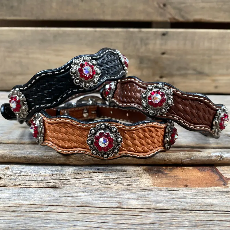 Genuine Leather Dog Collar With Antique Silver Ruby And Ab Conchos 10" To 22" -Dc41 1