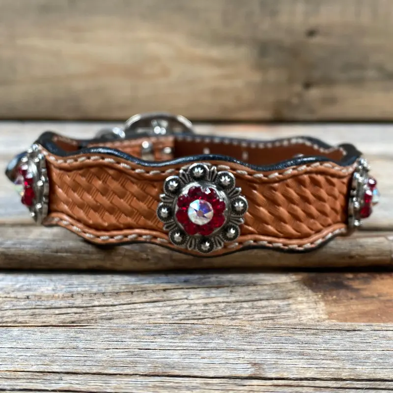 Genuine Leather Dog Collar With Antique Silver Ruby And Ab Conchos 10" To 22" -Dc41 2