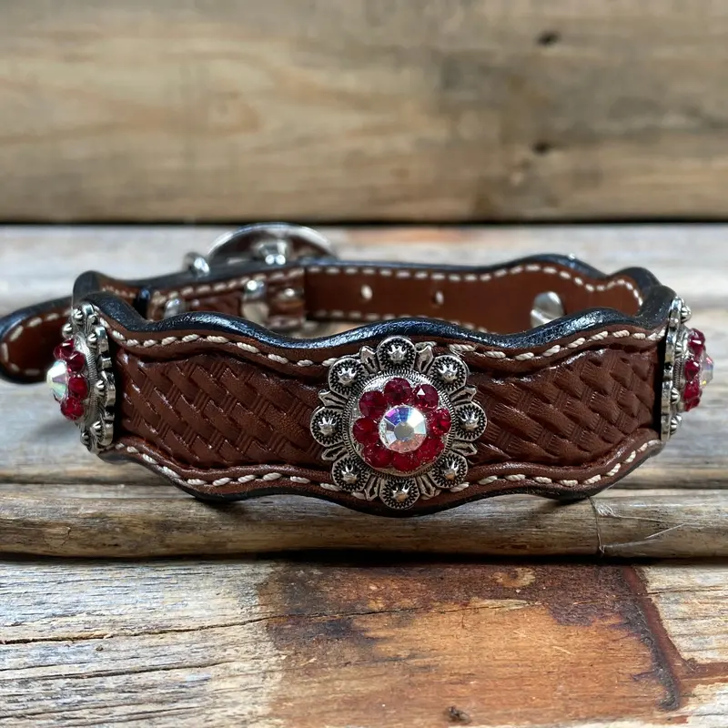Genuine Leather Dog Collar With Antique Silver Ruby And Ab Conchos 10" To 22" -Dc41 3