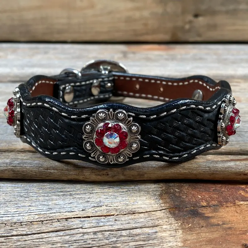 Genuine Leather Dog Collar With Antique Silver Ruby And Ab Conchos 10" To 22" -Dc41 4