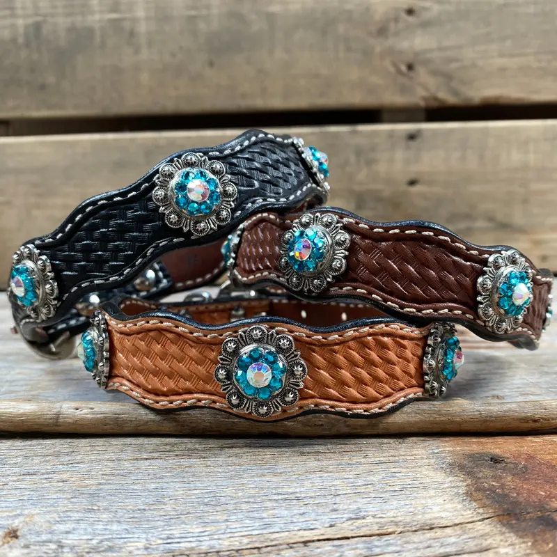 Genuine Leather Dog Collar With Antique Silver Teal And Ab Conchos 10" To 22" -Dc45 1