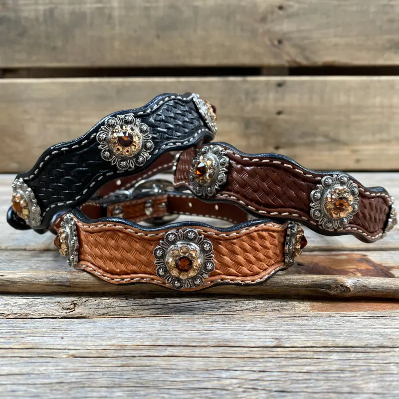 Genuine Leather Dog Collar With Antique Silver Topaz And Champagne Conchos 10" To 22" -Dc12 1