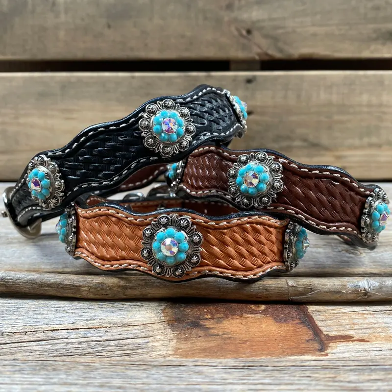 Genuine Leather Dog Collar With Antique Silver Turquoise And Ab Conchos 10" To 22" -Dc5 1