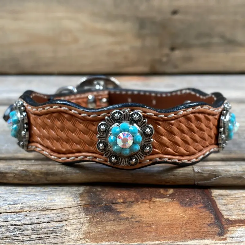 Genuine Leather Dog Collar With Antique Silver Turquoise And Ab Conchos 10" To 22" -Dc5 2