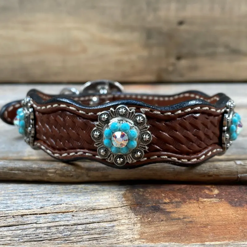 Genuine Leather Dog Collar With Antique Silver Turquoise And Ab Conchos 10" To 22" -Dc5 3