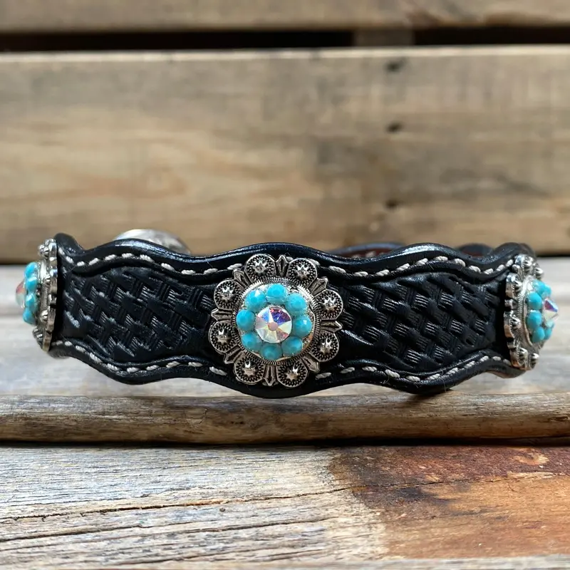 Genuine Leather Dog Collar With Antique Silver Turquoise And Ab Conchos 10" To 22" -Dc5 4