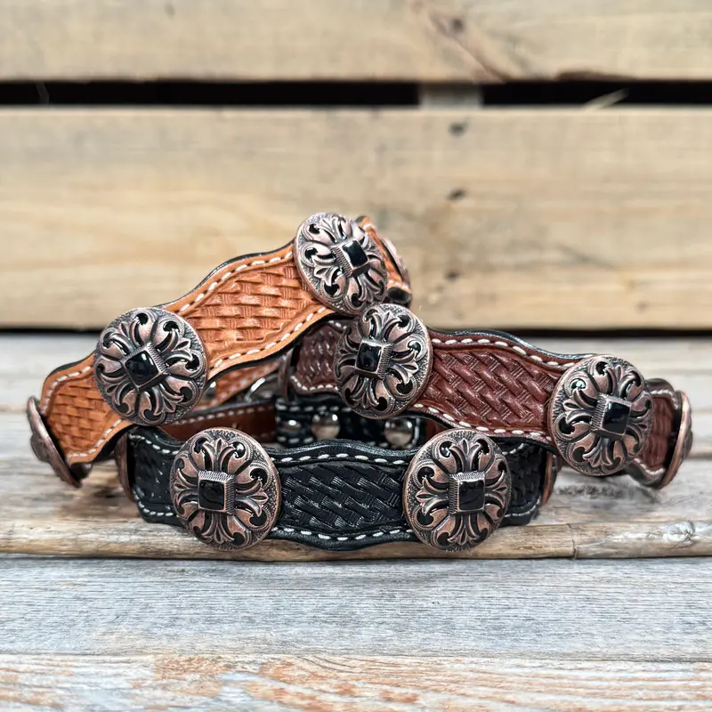 Genuine Leather Dog Collar With Black Fleur De Lis Conchos 12" To 22" W241 -Dc73 1