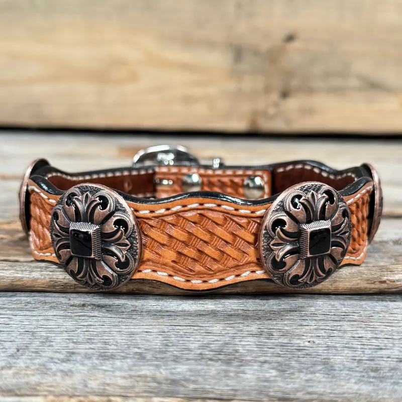 Genuine Leather Dog Collar With Black Fleur De Lis Conchos 12" To 22" W241 -Dc73 2
