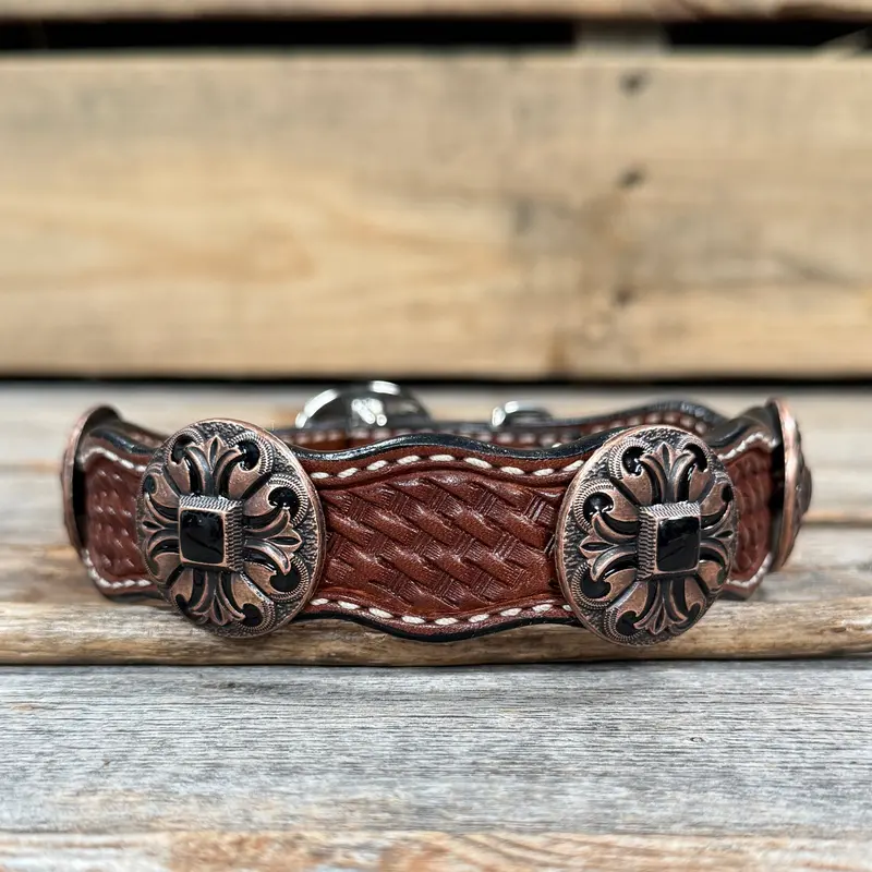 Genuine Leather Dog Collar With Black Fleur De Lis Conchos 12" To 22" W241 -Dc73 3