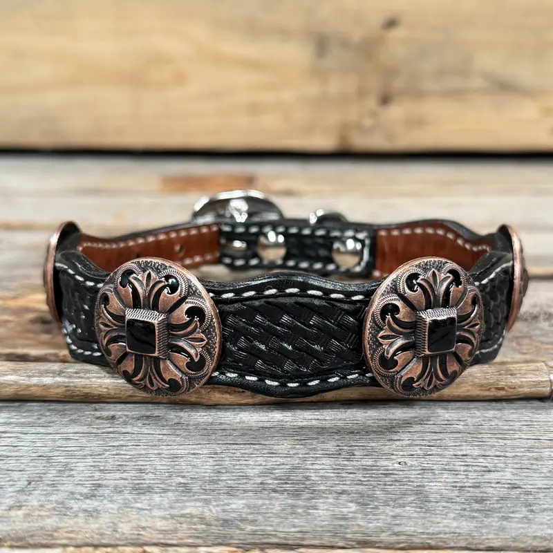 Genuine Leather Dog Collar With Black Fleur De Lis Conchos 12" To 22" W241 -Dc73 4