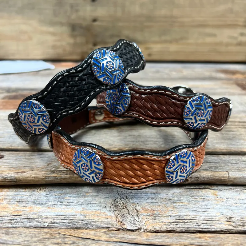 Genuine Leather Dog Collar With Blue Geometric Conchos 10" To 22" W236s -Dc67 1