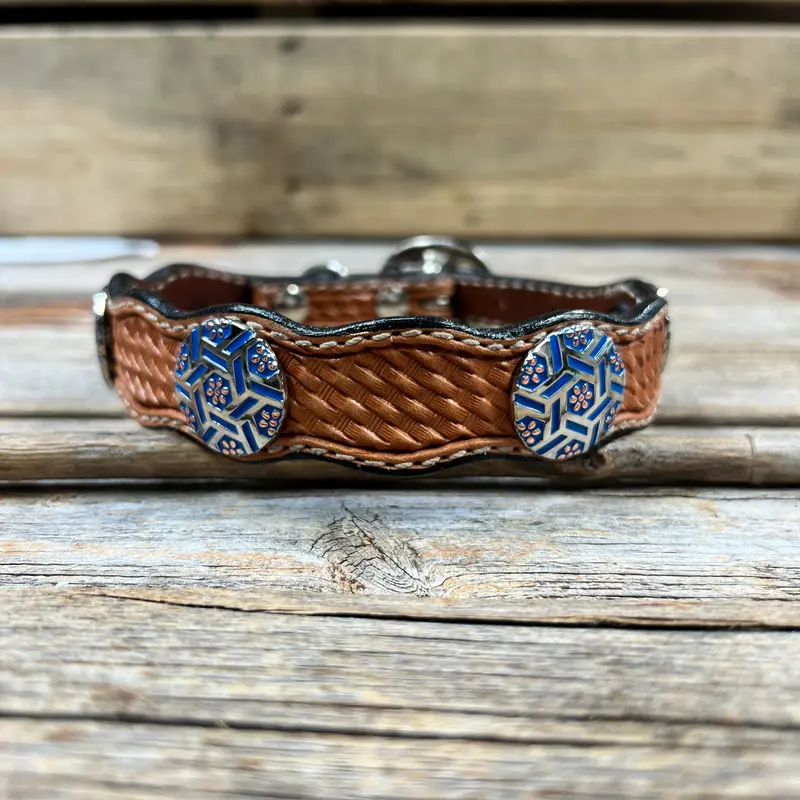 Genuine Leather Dog Collar With Blue Geometric Conchos 10" To 22" W236s -Dc67 2