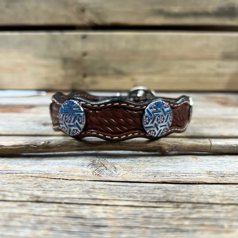 Genuine Leather Dog Collar With Blue Geometric Conchos 10" To 22" W236s -Dc67 3