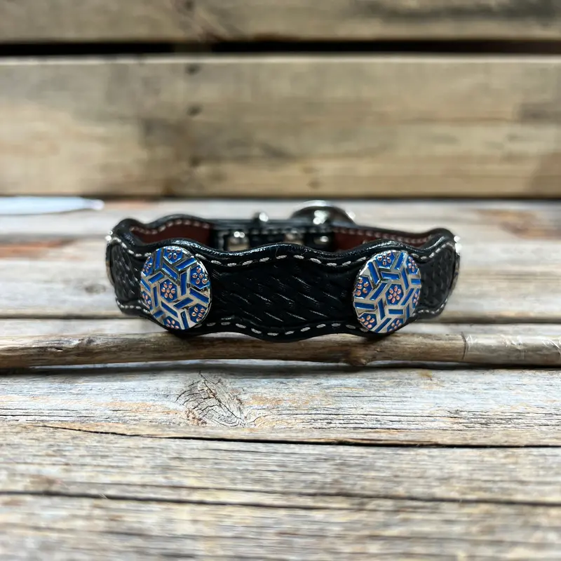 Genuine Leather Dog Collar With Blue Geometric Conchos 10" To 22" W236s -Dc67 4