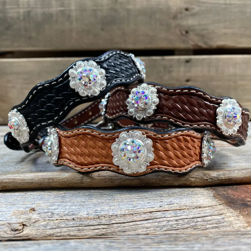 Genuine Leather Dog Collar With Bright Silver Ab Conchos 10" To 22" -Dc49 1