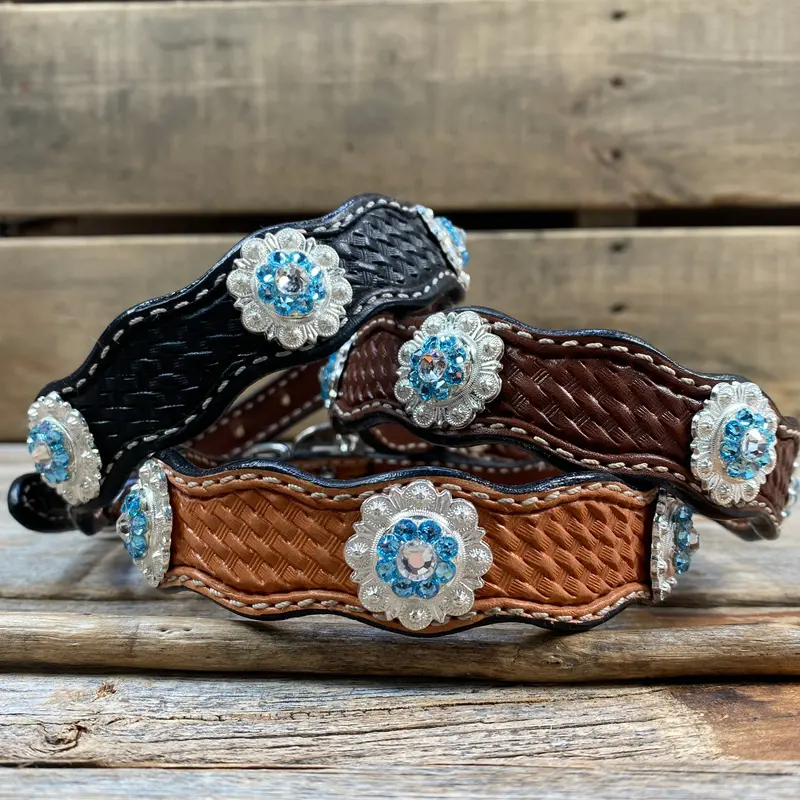 Genuine Leather Dog Collar With Bright Silver Aqua And Clear Conchos 10" To 22" -Dc47 1