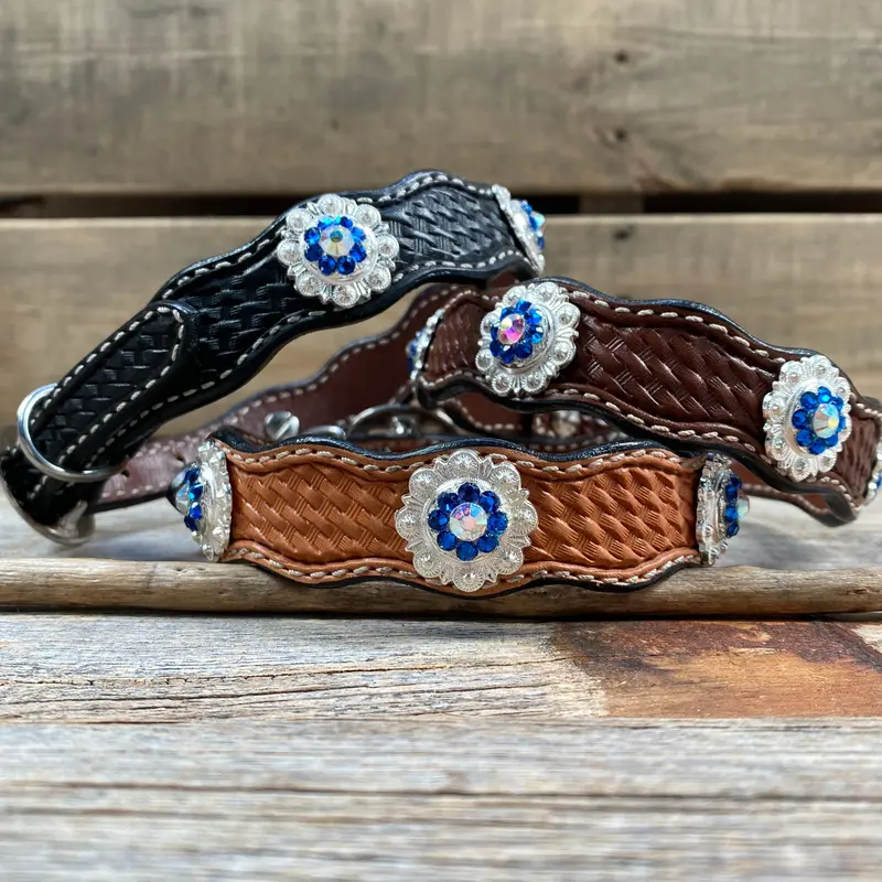 Genuine Leather Dog Collar With Bright Silver Capri And Ab Conchos 10" To 22" -Dc48 1