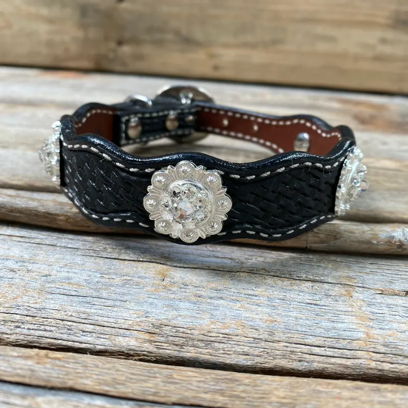 Genuine Leather Dog Collar With Bright Silver Clear Conchos 10" To 22" -Dc1 4