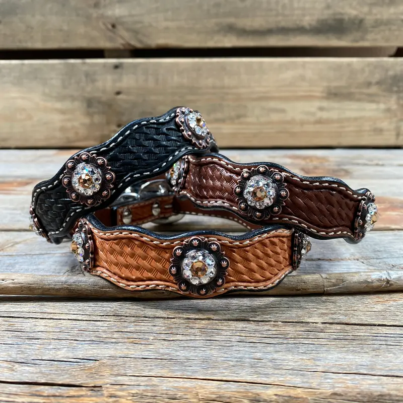 Genuine Leather Dog Collar With Copper Champagne And Clear Conchos 10" To 22" -Dc34 1