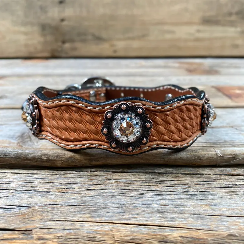 Genuine Leather Dog Collar With Copper Champagne And Clear Conchos 10" To 22" -Dc34 2