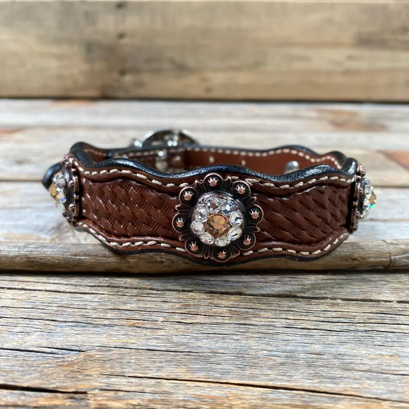 Genuine Leather Dog Collar With Copper Champagne And Clear Conchos 10" To 22" -Dc34 3