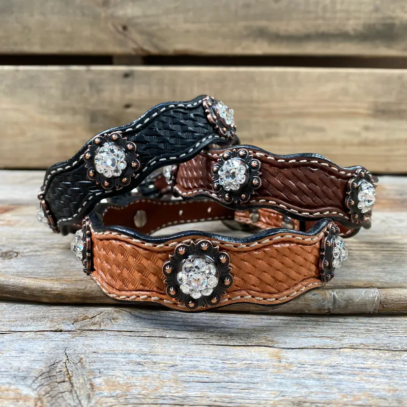 Genuine Leather Dog Collar With Copper Clear Conchos 10" To 22" -Dc8 1