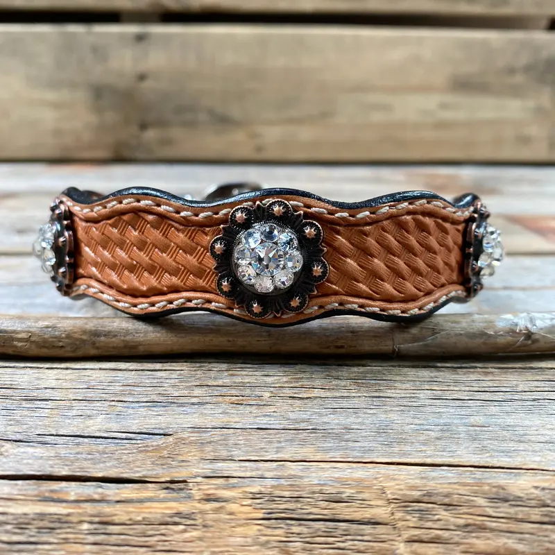 Genuine Leather Dog Collar With Copper Clear Conchos 10" To 22" -Dc8 2