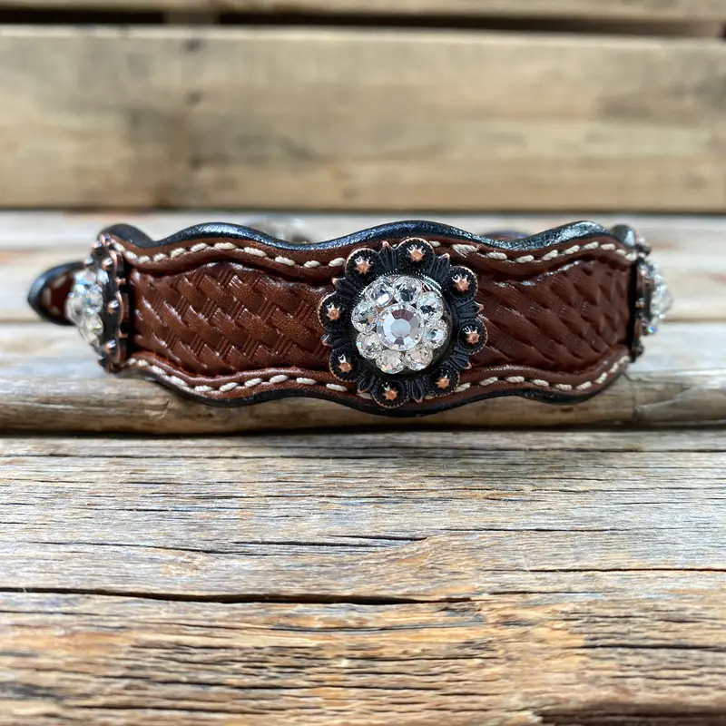 Genuine Leather Dog Collar With Copper Clear Conchos 10" To 22" -Dc8 3