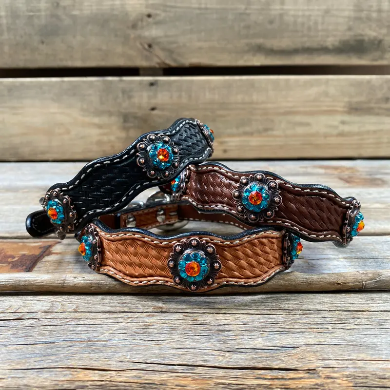 Genuine Leather Dog Collar With Copper Fire Opal And Teal Conchos 10" To 22" -Dc37 1