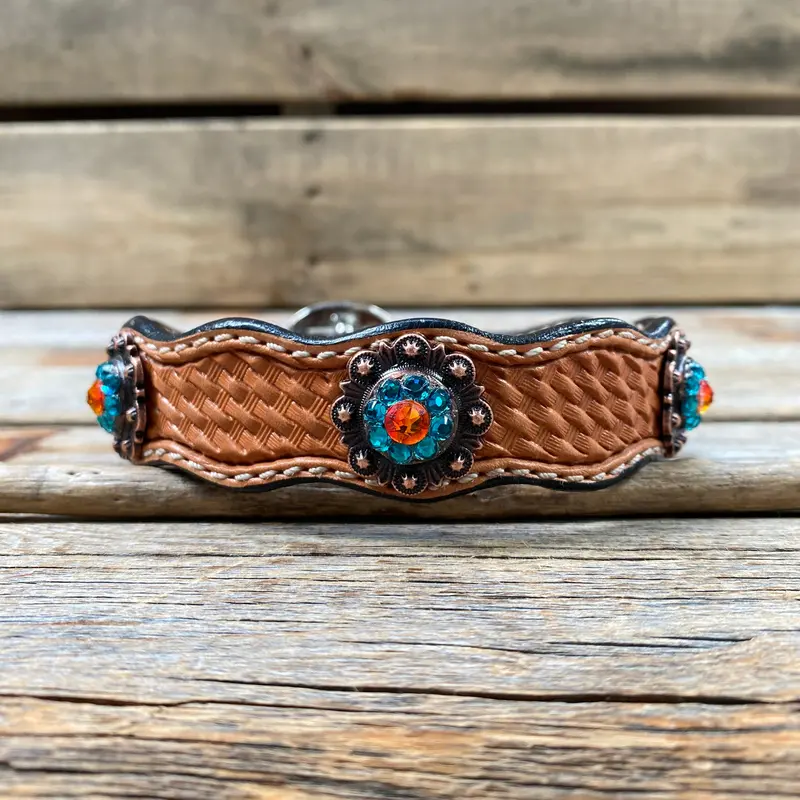 Genuine Leather Dog Collar With Copper Fire Opal And Teal Conchos 10" To 22" -Dc37 2