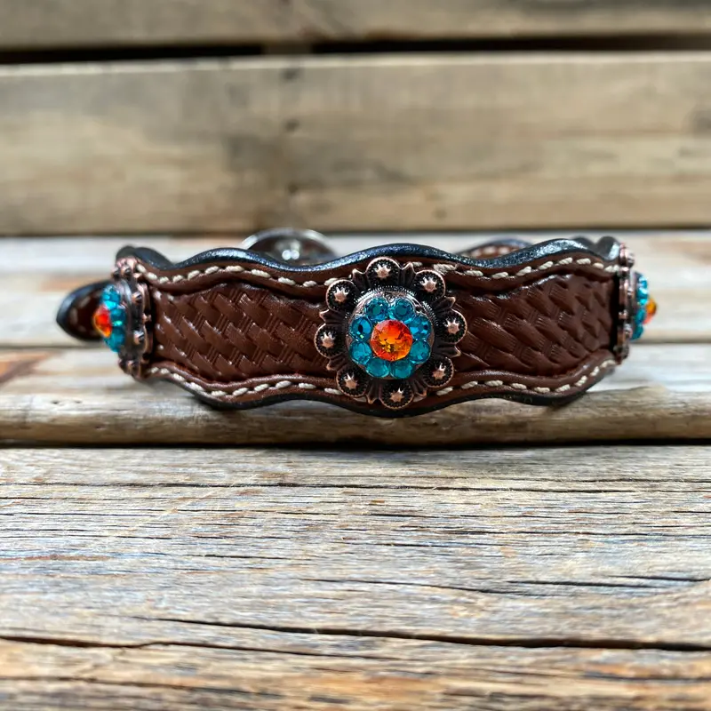 Genuine Leather Dog Collar With Copper Fire Opal And Teal Conchos 10" To 22" -Dc37 3