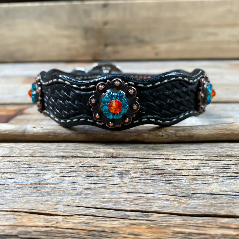 Genuine Leather Dog Collar With Copper Fire Opal And Teal Conchos 10" To 22" -Dc37 4