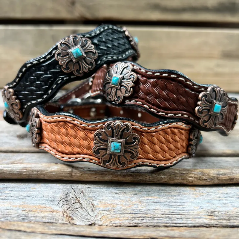 Genuine Leather Dog Collar With Copper Fleur De Lis Conchos 10" To 22" W141s -Dc55 1