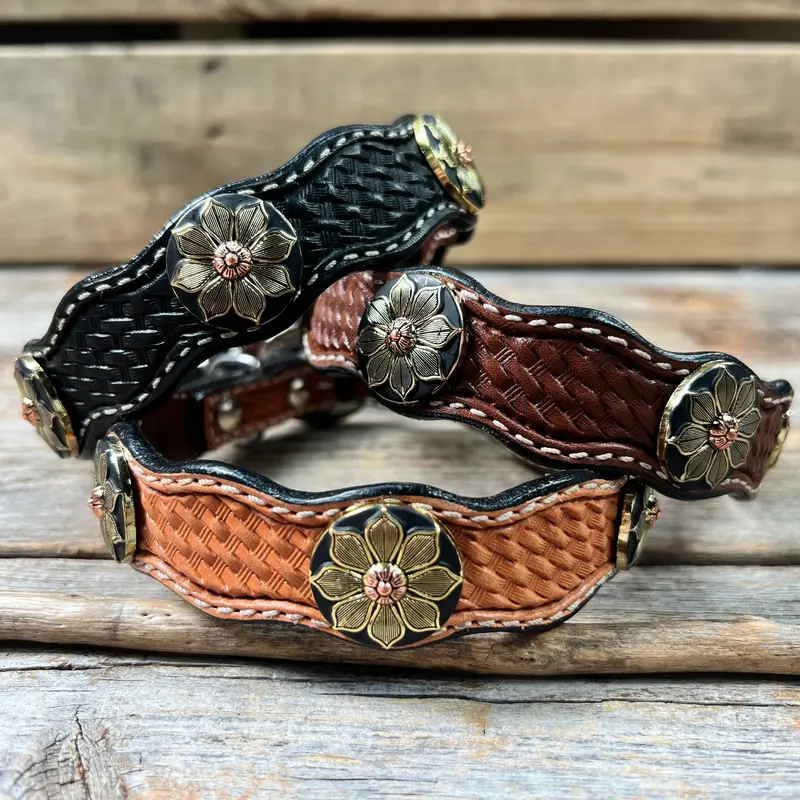 Genuine Leather Dog Collar With Copper Flower Conchos 10" To 22" W125s -Dc52 1