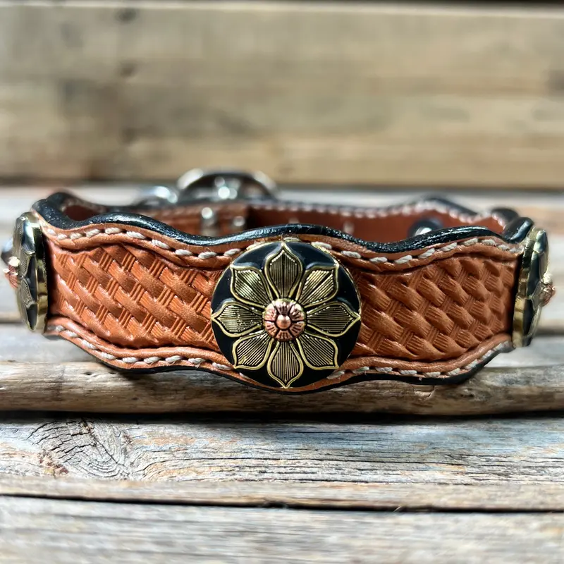 Genuine Leather Dog Collar With Copper Flower Conchos 10" To 22" W125s -Dc52 2