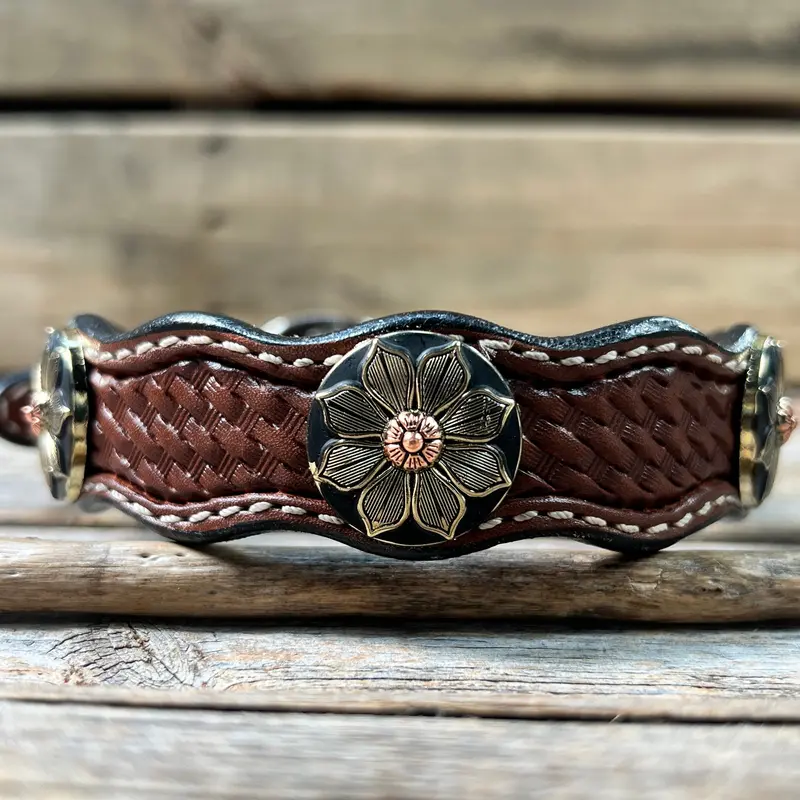 Genuine Leather Dog Collar With Copper Flower Conchos 10" To 22" W125s -Dc52 3