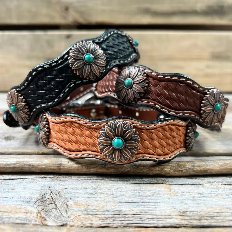 Genuine Leather Dog Collar With Copper Flower Conchos 10" To 22" W132s -Dc6 1